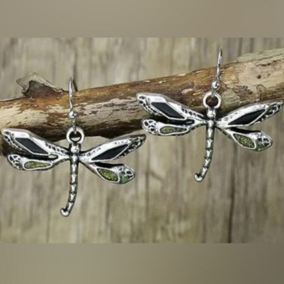“Dragonfly” Firefly Silver Black & Green Iridescent Glitter Winged Insect Dangle - Picture 5 of 16